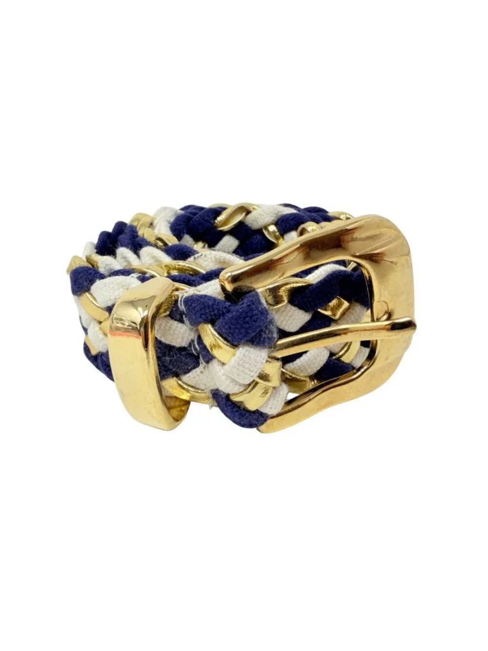 Vintage Nautical Woven Belt Blue White Gold‎ Hardware Stretch Womens 1980s